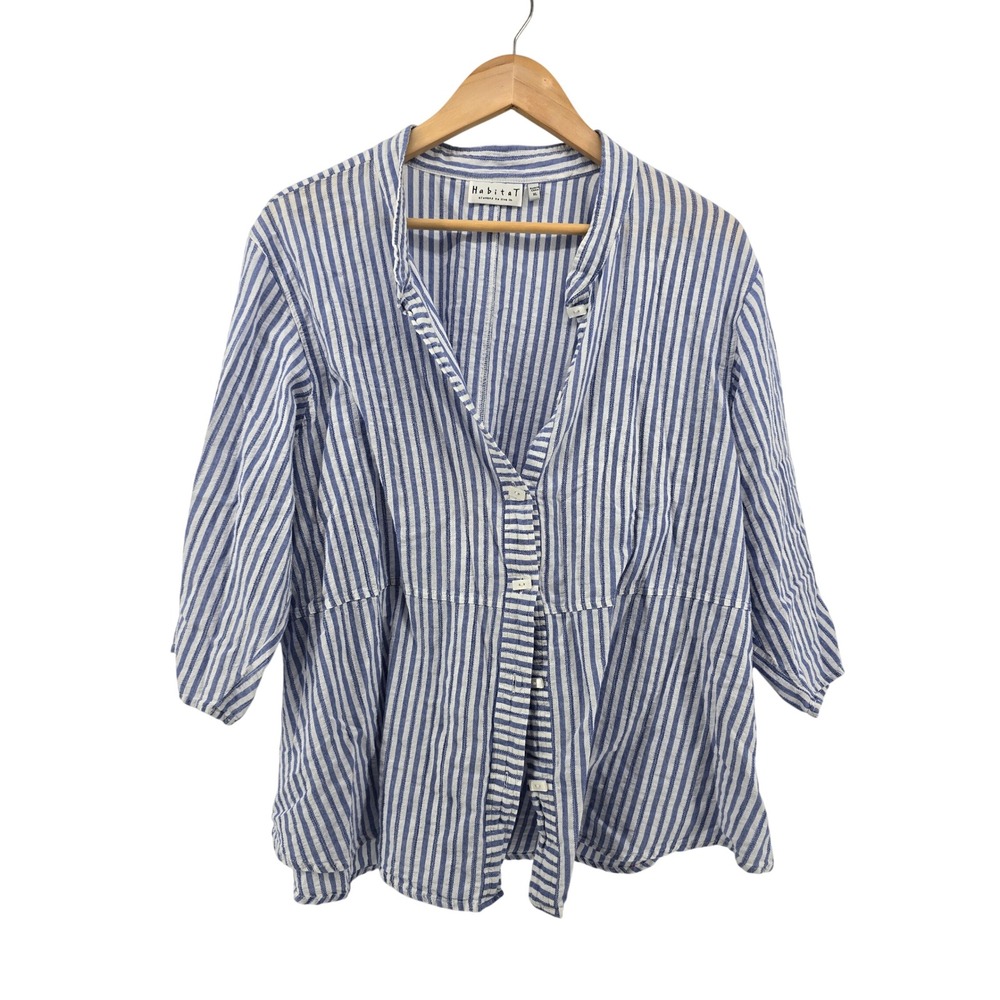 Habitat Button Front Top Womens XL Blue White Striped 3/4 Sleeve Coastal XL